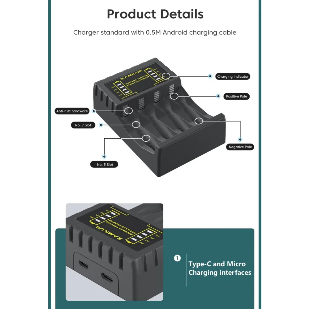 Chargeur de batterie avec indicateur LED intelligent, chargeur de batterie aste, micro USB C, Ni-laissée, Ni-Cd, AA, AAA, 4 emplacements