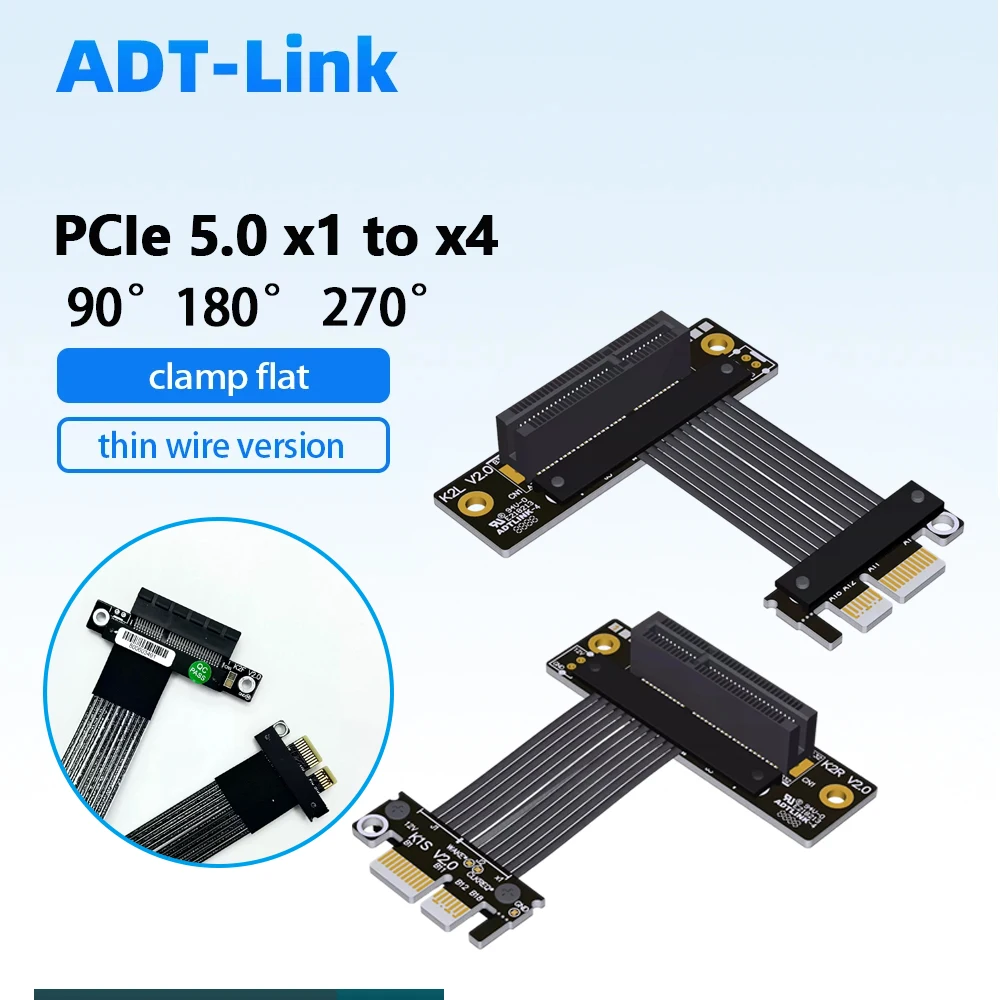 ADT-Link PCIe 5.0 X1 To X4 Riser Extension Cable Thin Flat Ribbon 180° Straight /90° Up Bend /270° Down Gen5 32Gbps 3 - 100 Cm