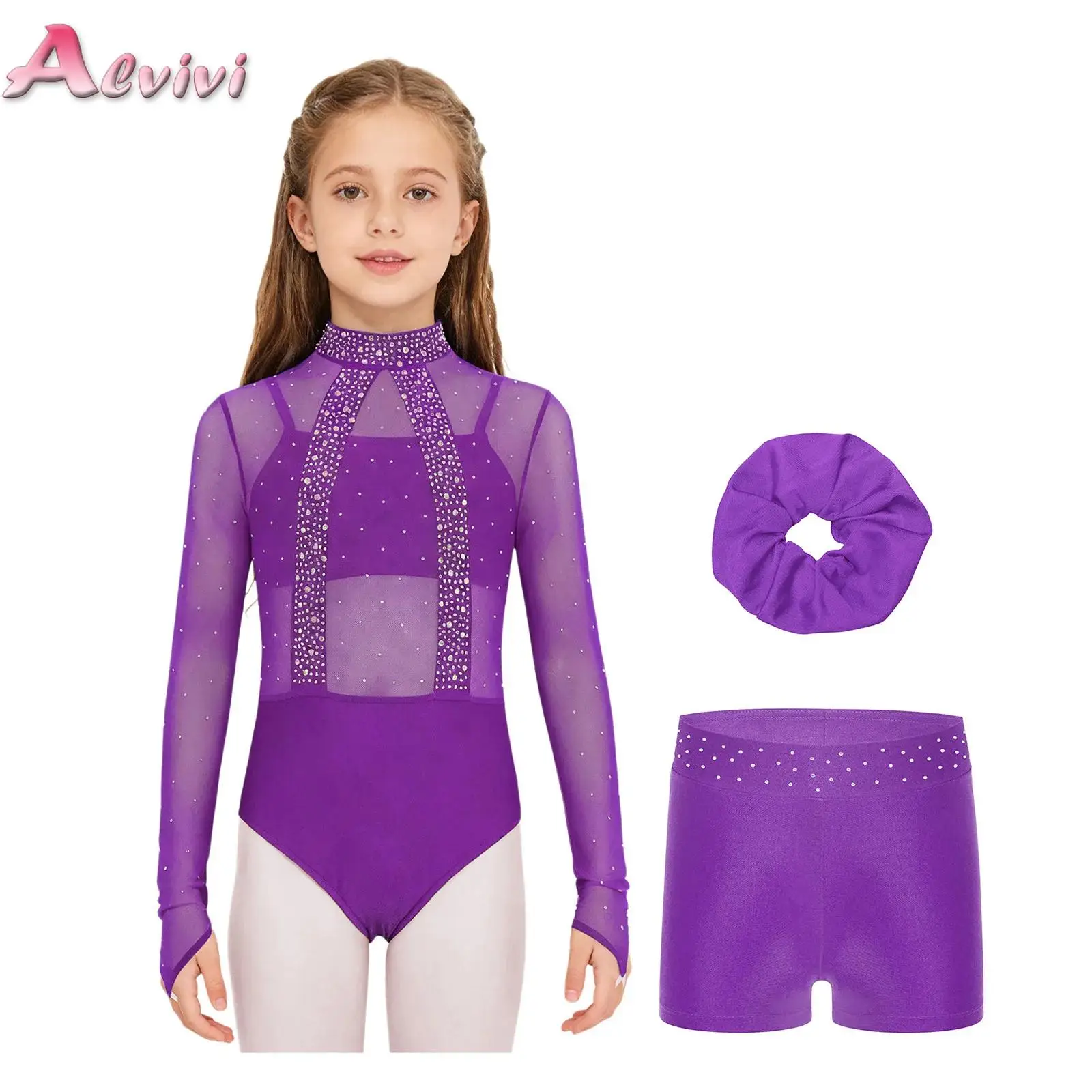 

Kids Girls Rhinestones Ballet Gymnastics Dance Leotard Dance Long Sleeve Back Cutout Bodysuit for Ice Skating Stage Performance