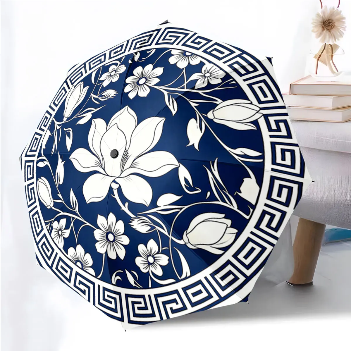 1PC Elegant Blue Umbrella with Floral Design Print 8 Iron Ribs Folding Umbrella Auto-Open Fashion Sunshade