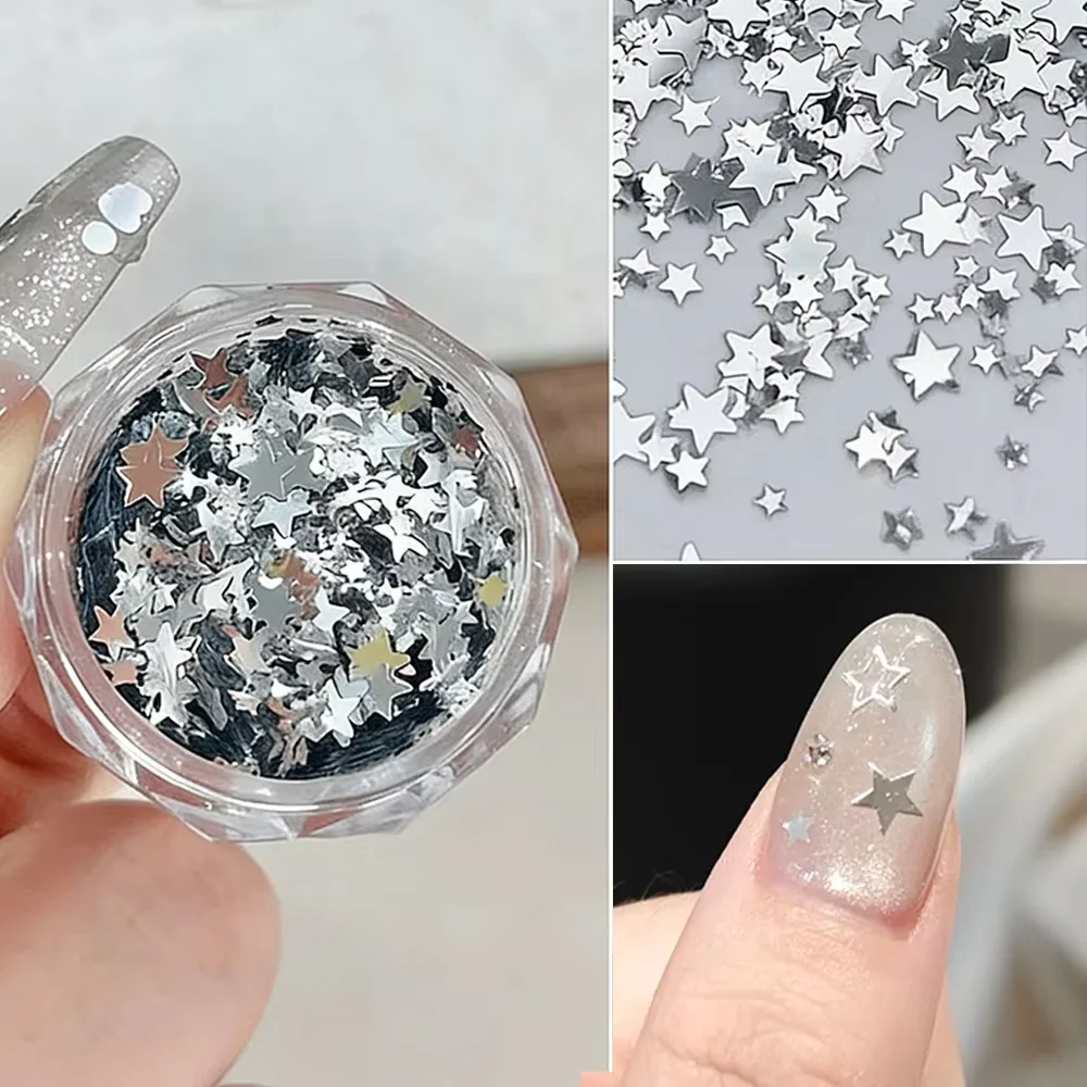 1 Box 3D Mini Nail Art Charms Star Sequin Flakes Silvery Shiny Accessories For Manicure