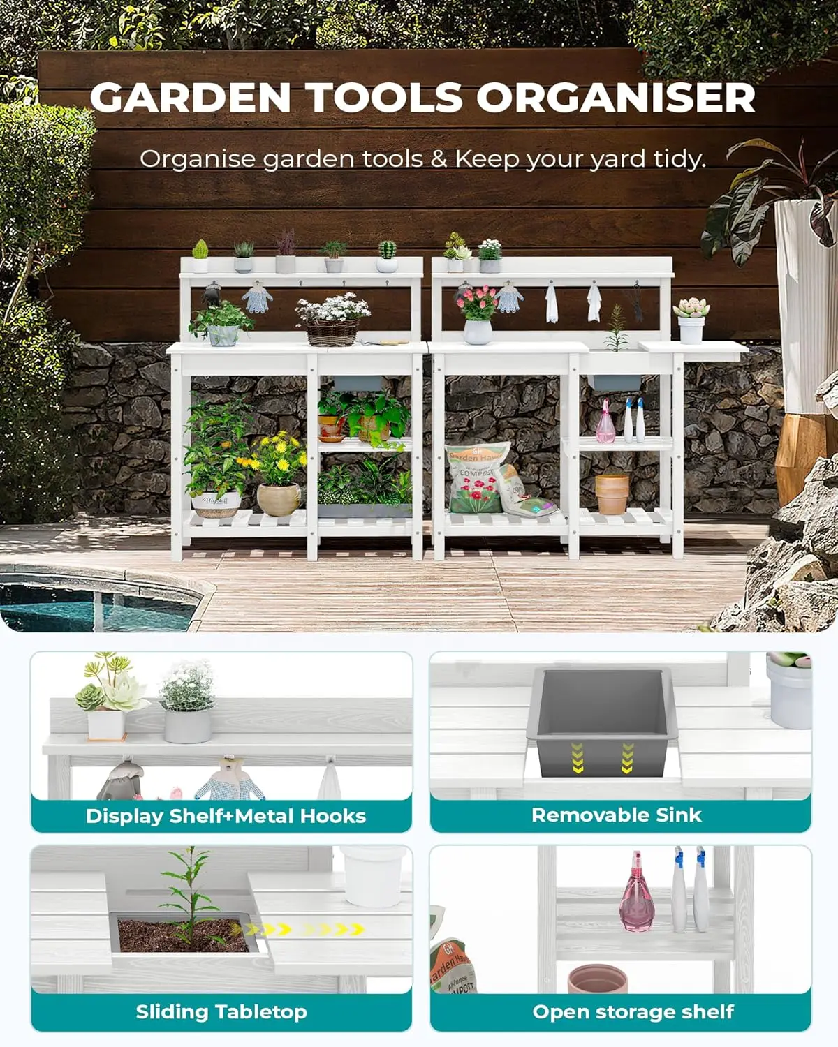 Conjunto de mesa de envasamento de 2 para uso externo em todos os climas - branco