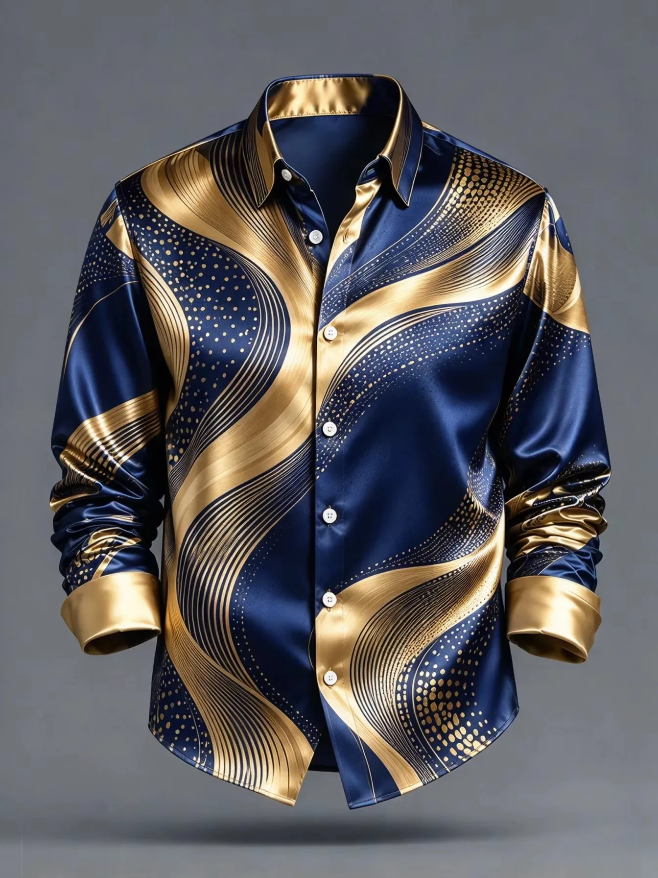 Men’s Long-Sleeve Fashion Shirt for Fall 2026 Black and Gold Abstract Wave Print Collared Button-Down Formal Party Dress Shirt