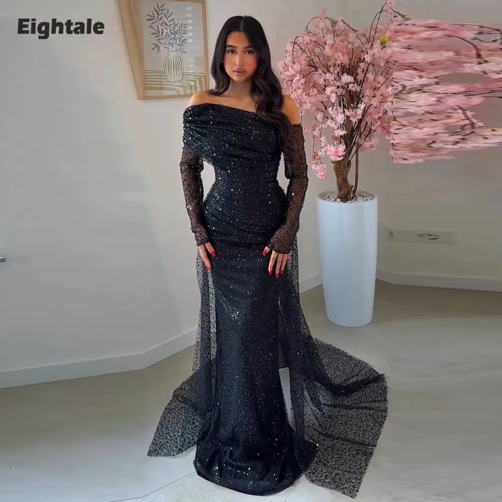 

Eightale Luxury Evening Dresses Sequined One Shoulder Arabic Long Sleeves Customized Navy Blue Mermaid Prom Gown Wedding Party