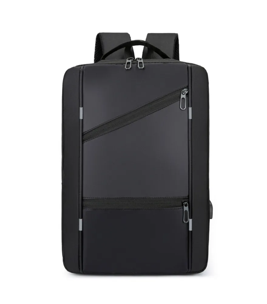 Gray black color block expandable backpack diagonal front zipper dual side wrapped edge hidden USB port compact structured