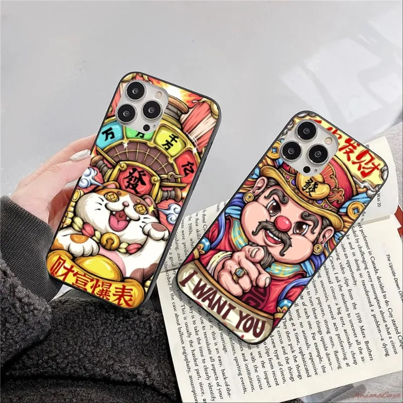 Chinese God of Wealth Cell Phone Case for iPhone 14 13 12 11 XS X 8 7 6 Plus Mini Pro Max SE 2022 Black Soft Phone Cover Funda