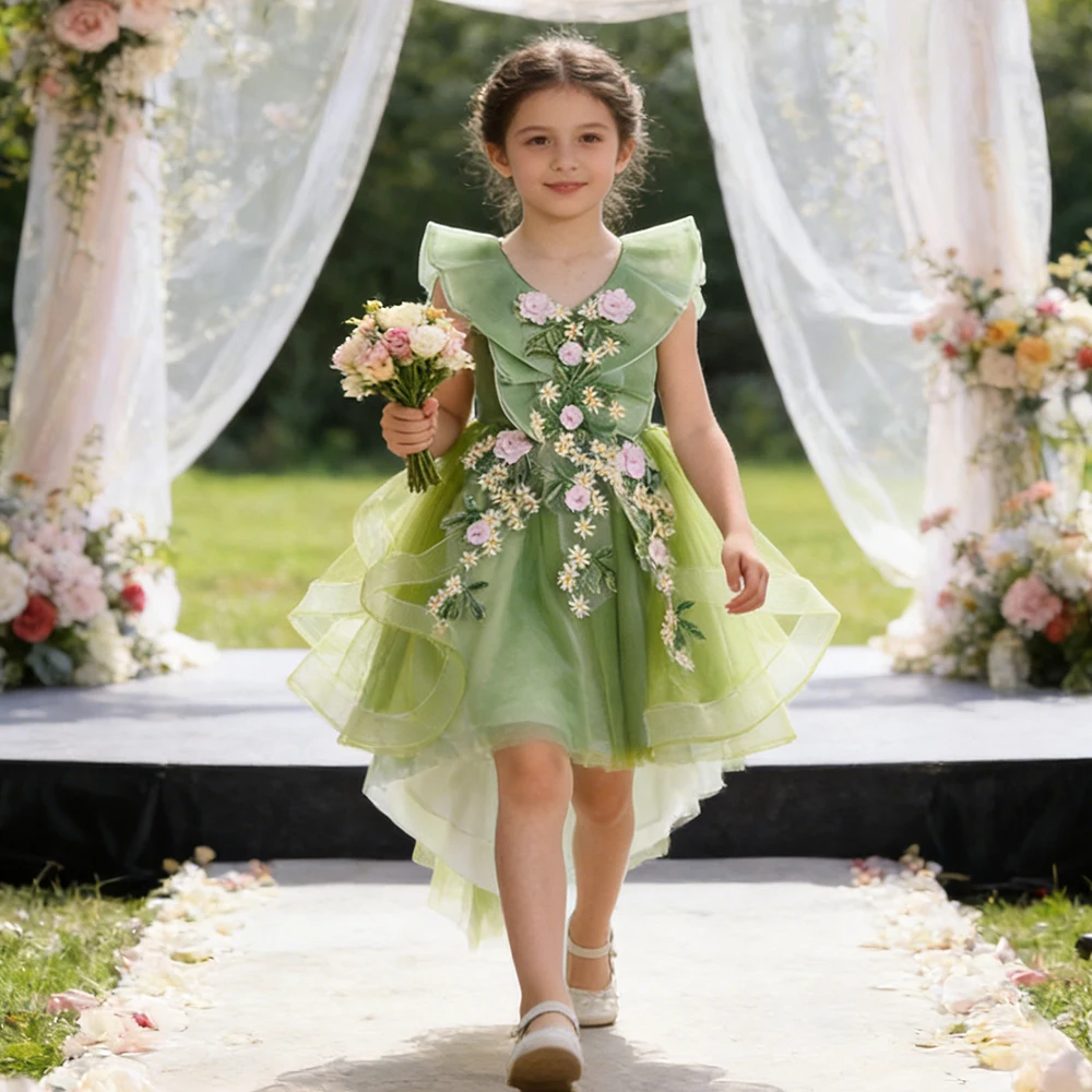 Flower Girl Tailed Evening Dress Green Fancy Princess Dress Girls Sleeveless Wedding Dress Floral Embroidery Mesh Birthday Dress