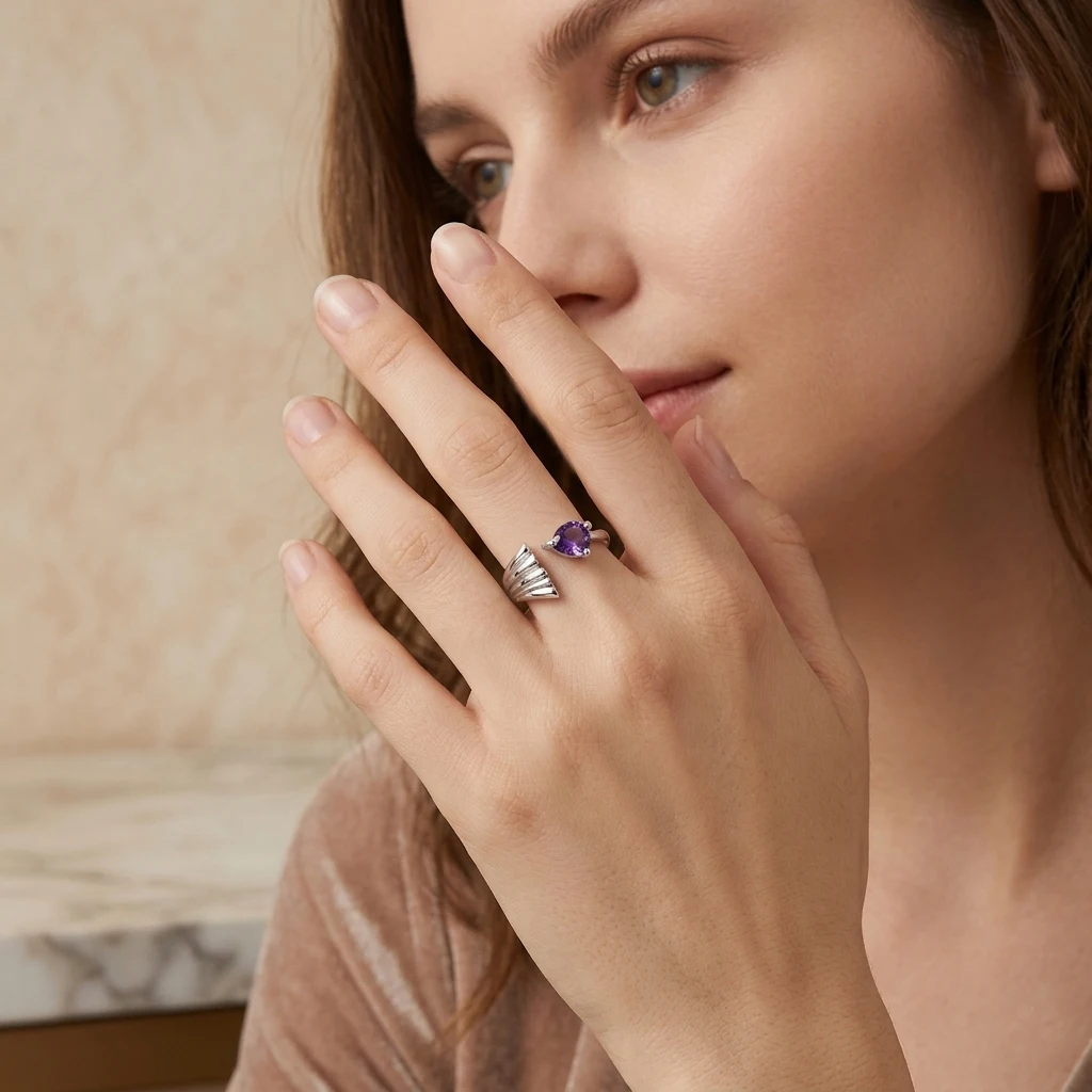 Purple Teardrop Cubic Zirconia Angel Wing Open Adjustable Ring Silver Plated Women Fashion Party Decor Jewelry Gift