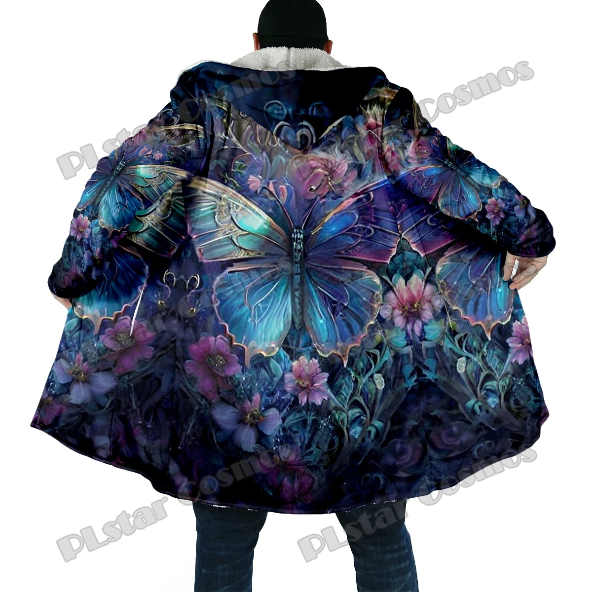 Borboleta e flores masculinas estampadas de lã grossa com capuz, casaco de capa quente casual unissex, 3D todo, moda inverno, DP42