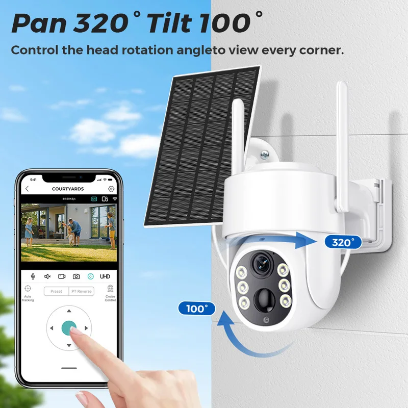 4MP Outdoor Surveillance Camera Solar Wifi Motion Detect Auto Tracking PTZ Wireless CCTV Built-in Battery Low-power ICSee Camera