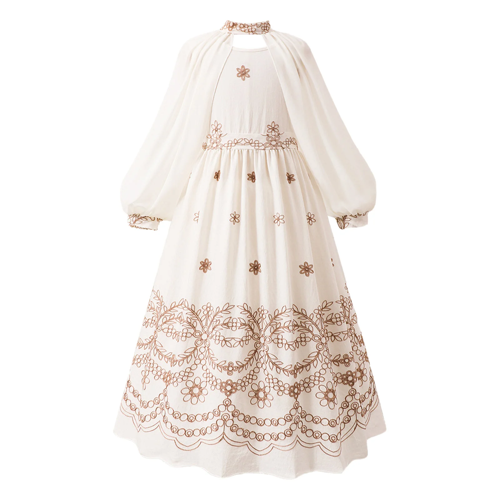 

Kids Girls Lyrical Ballet Dress Floral Embroidery Dress with Halter Neck Long Puff Sleeve Cape for Birthday Party Photography