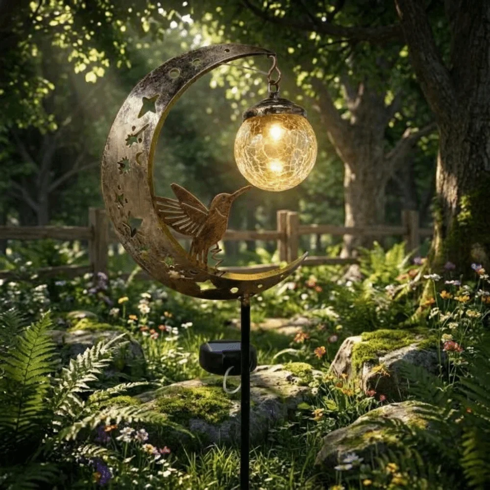 Waterproof Solar Garden Stake Light Solar Powered Floor Insertion Hummingbird Moon Light Half-Moon Design Creative Lawn Lamp
