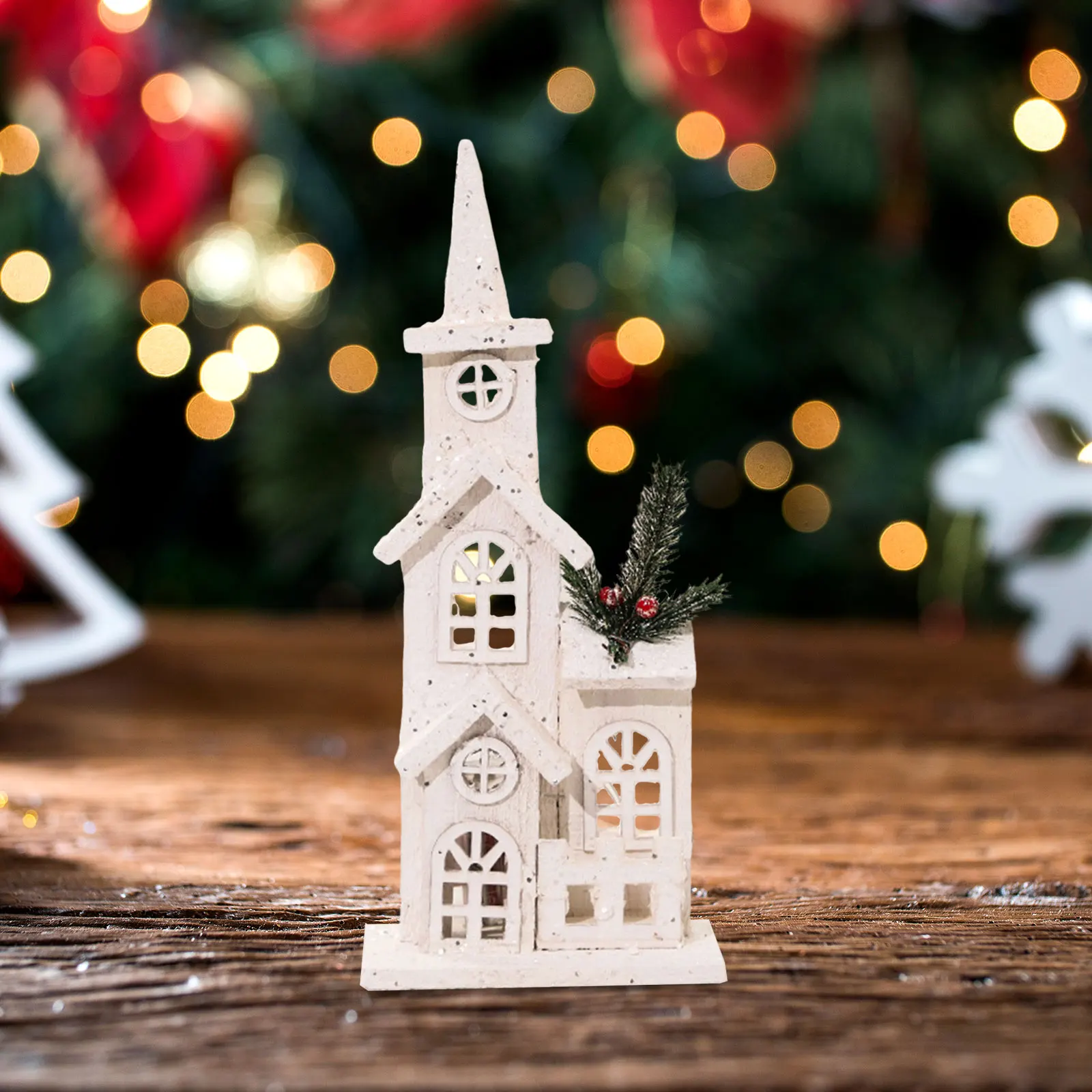 Christmas LED Wooden House Christmas Town Scene Figurines Ornaments Christmas Decoration for Xmas Party Festival Holiday Winter