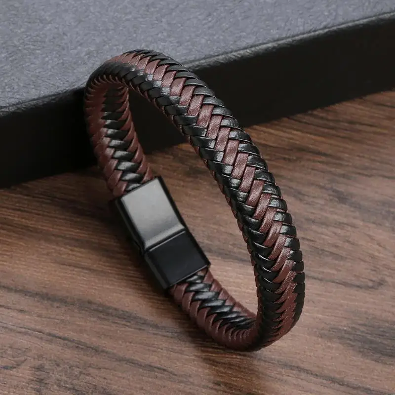 Classic Black/Brown Leather Bracelet for Men Hand-woven Single Layer Leather Bracelet Magnetic Buckle Bangle Couple Gift