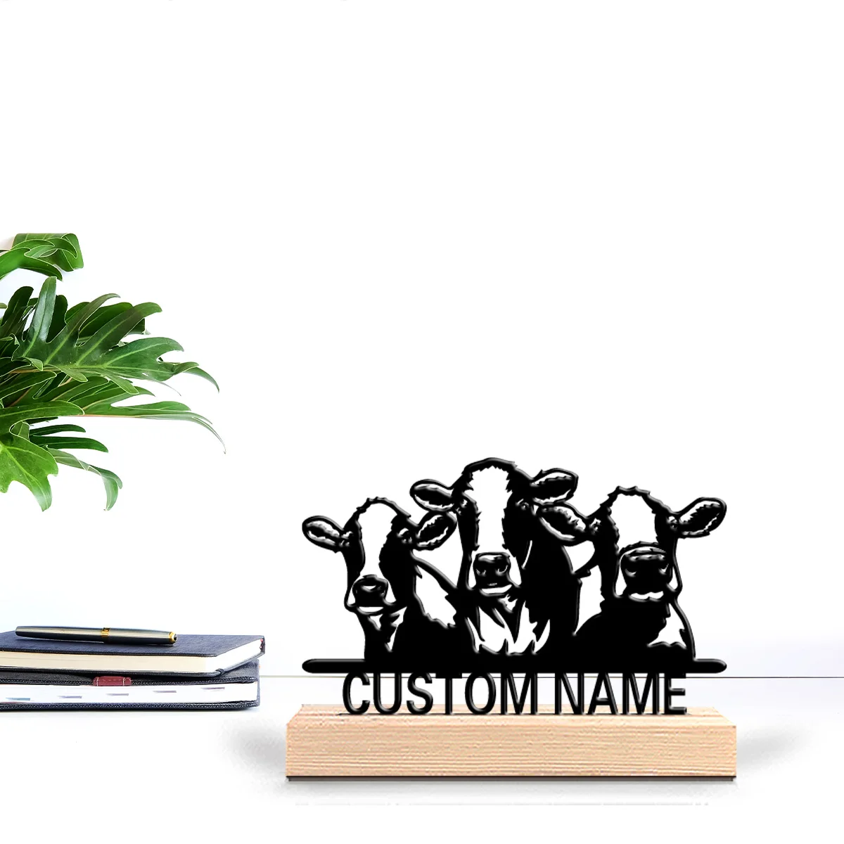 1pc New Design Personalized Custom Three cows Metal Art With Wooden Base Tabletop Decoration Wooden Base Tabletop Game For Stra