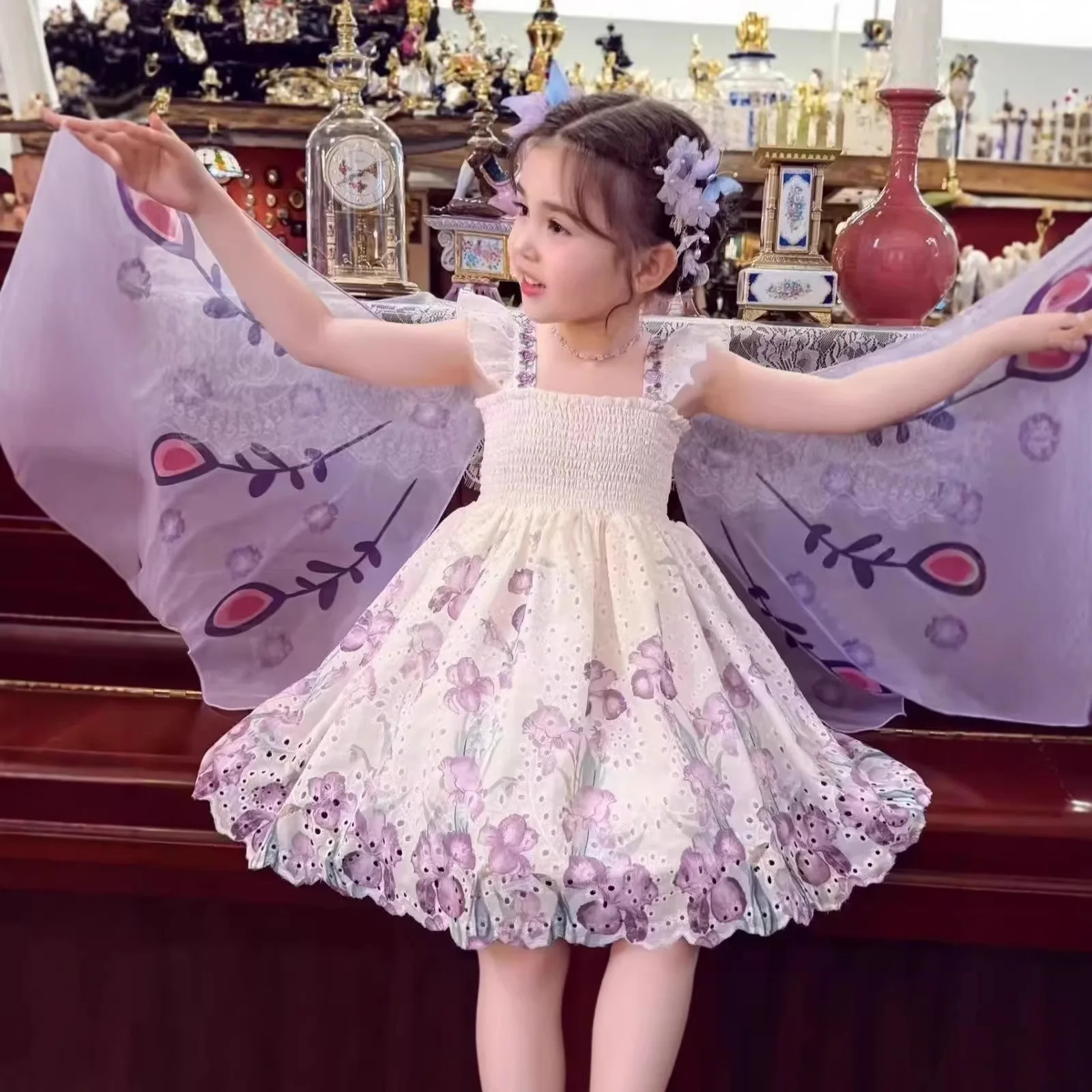 Girls skirt summer new floating print wings suspender vest dress princess dress female treasure