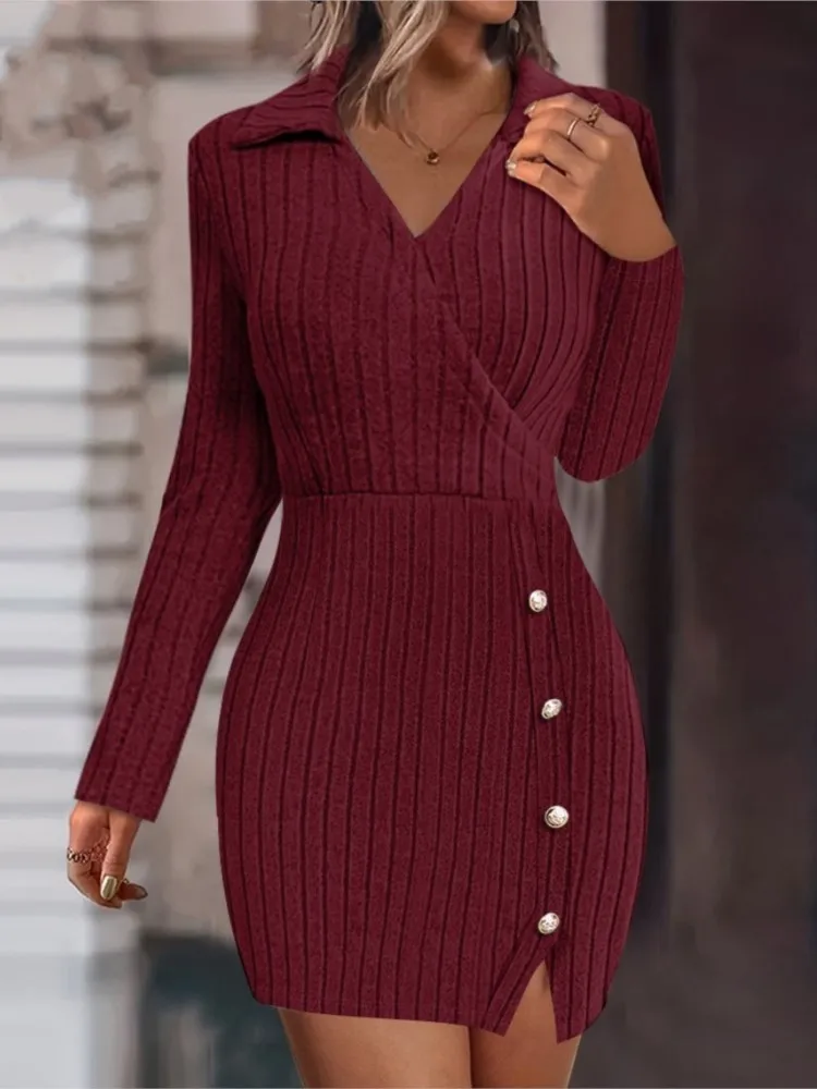 Autumn Winter New Solid Color V-neck Knitted Mini Dress Women's Button Tight Fitting Hip Hugging Slim Sexy Long Sleeved Dresses