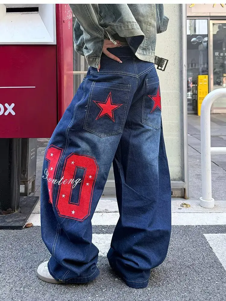 Y2K Street Bright Star Asymmetric Pattern Casual Loose Jeans Button Decoration Youth Style Logo Wide Leg Pant Men And Women
