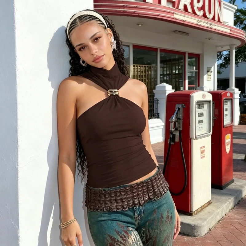 New Summer Turtleneck Solid Color Sleeveless Gold Buckle Women's Vest Fashion Y2k Off-the-shoulder Slim-fit Women's Sexy Top