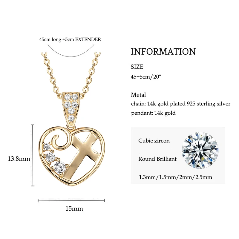 IOGOU Zircon Cross Heart Pendant Real Gold 14K Solid Women's Engagement Wedding Gift With 925 Sterling Silver Chain Gold Jewelry