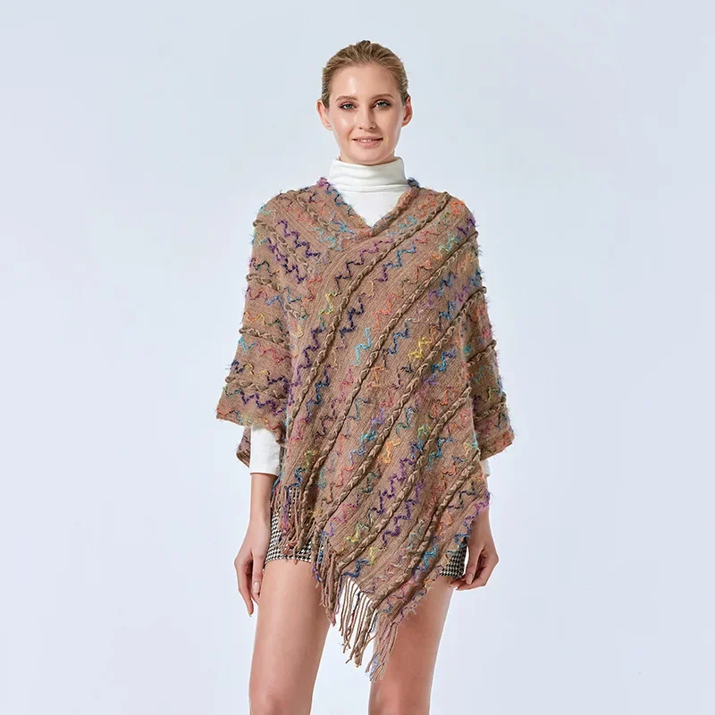 Poncho de Style Ethnique pour Femme, Châle Coloré, Voyage Chaud, Touriste, Pull à Franges, Cape, Manteau Rouge, Dame, Mode