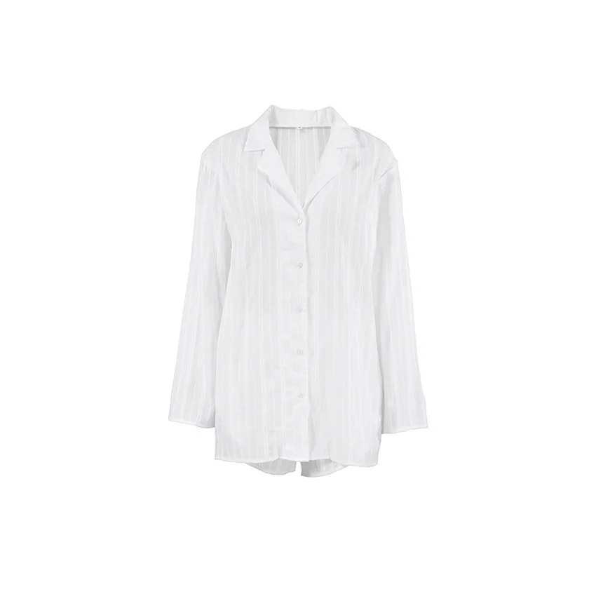 Women's Suit Comfortable White Cotton Loungewear Striped New In Women's Sleepwear Loose Casual Long Sleeved Shorts Two-Piece Set - Image 5