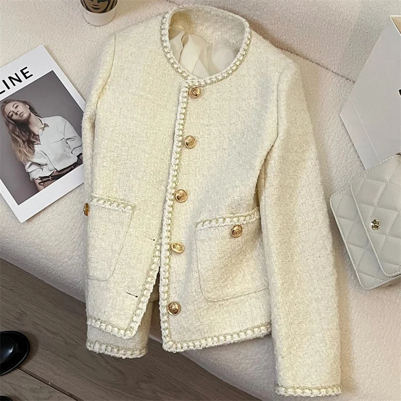 Women's Jacket Beige Temperament Ladies Small Fragrance Short Suit Jacket Women Spring and AutumnAge-reducing Coat Jacket Tide