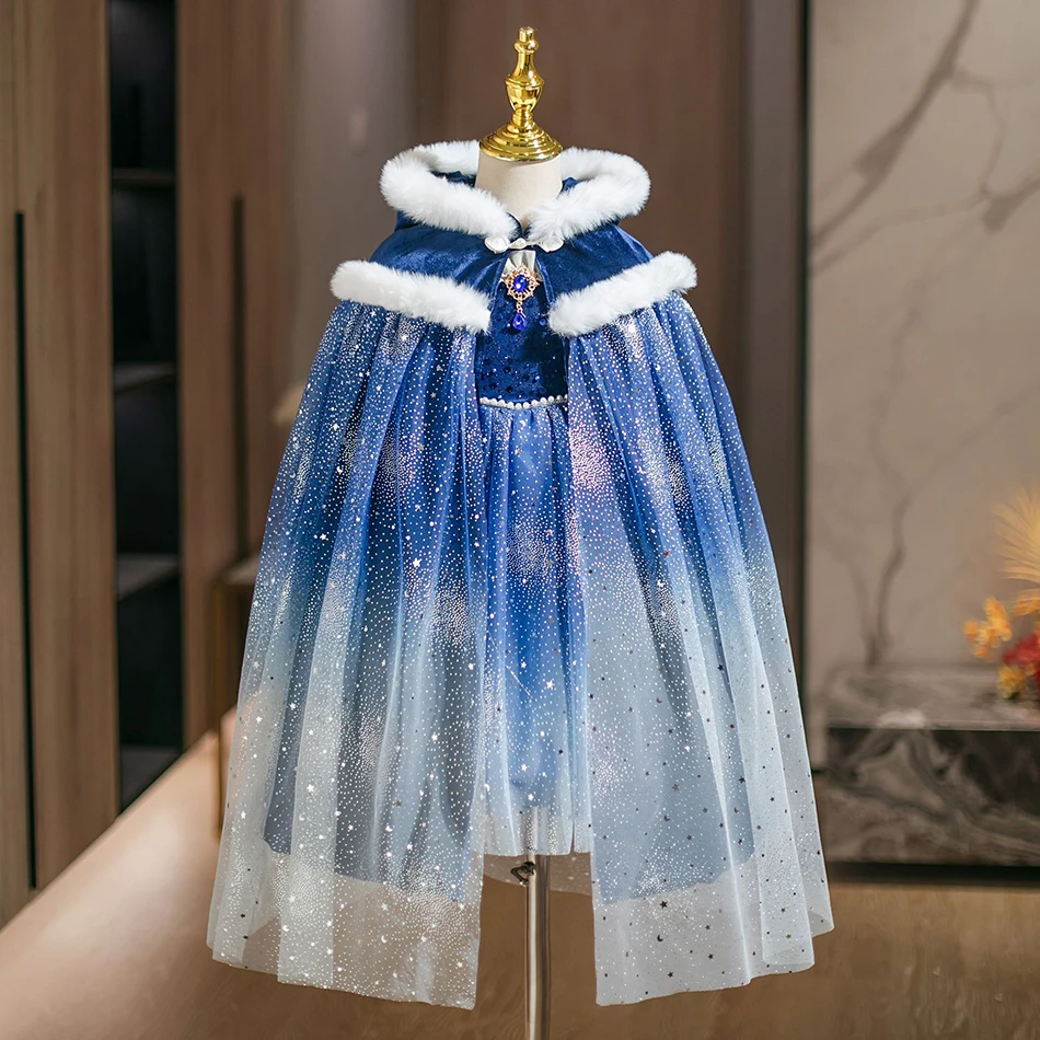 

Kids Halloween Elf Cosplay Sequin Hooded Cape Child Velvet Princess Cloak Girls Carnival Party Queen Costume Baby Girl Clothes