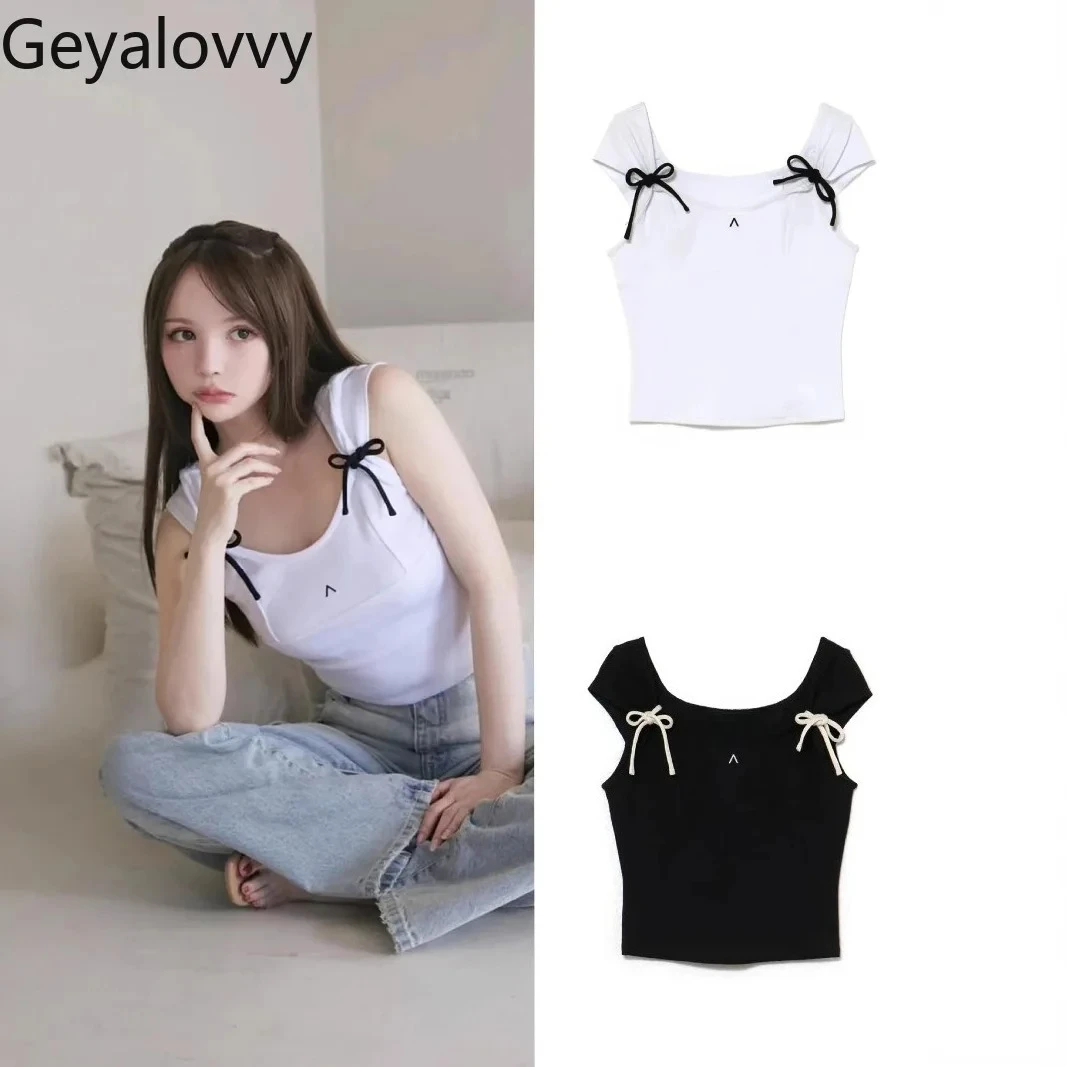 

Lady Tanks Top Summer Japanese Style Sweet and Cool Bow Shoulder Strap Casual Vest Short Sleeve Tops for Women 2025 New