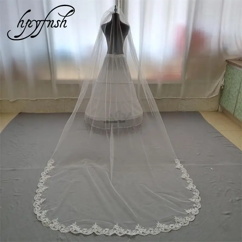 

Cheap White Ivory Lace Edge Wedding Veil 3 Meters Long Comb Lace Mantilla Cathedral Bridal Veil Wedding Accessories make siz