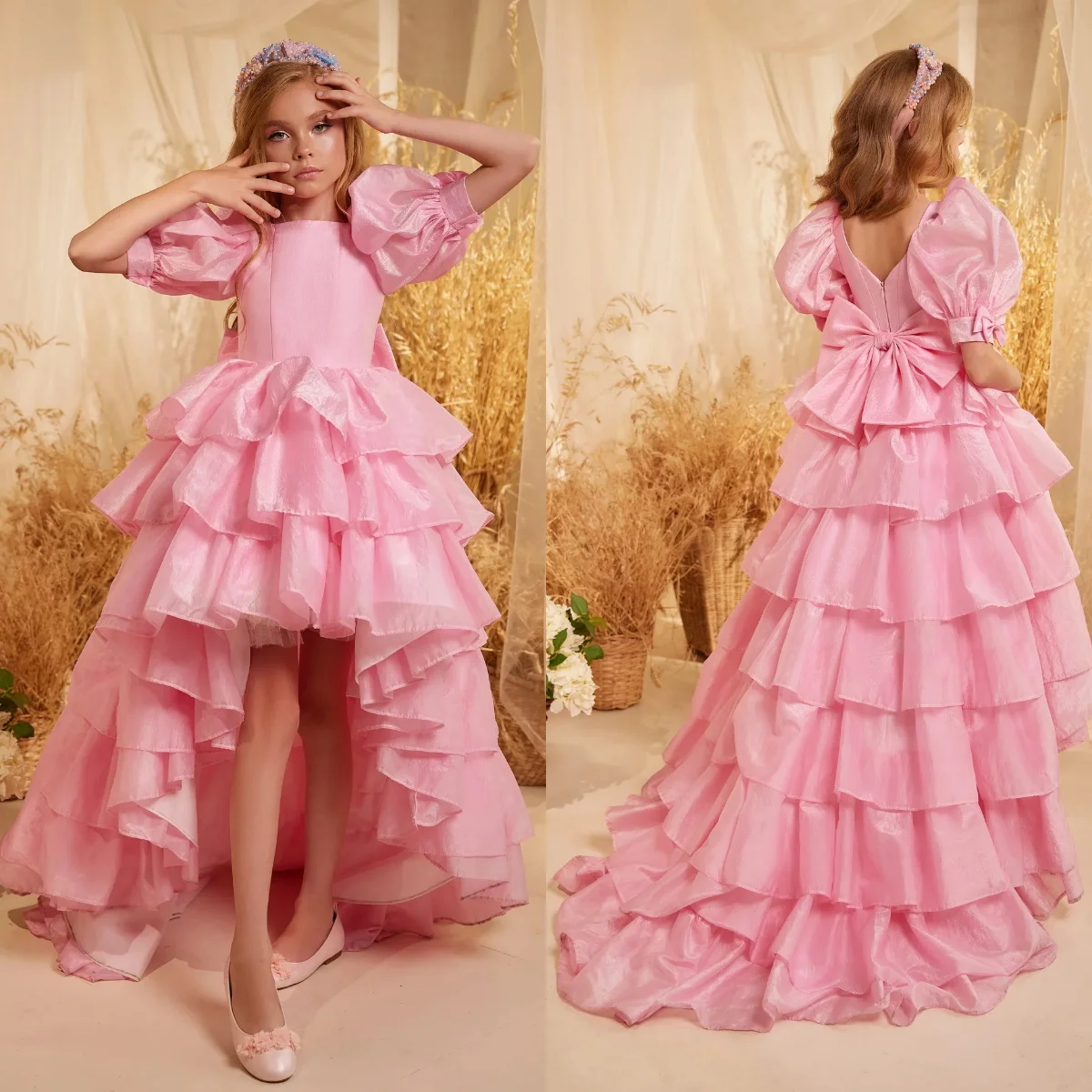 Vestido rosa menina flor para casamento, cetim puffy em camadas com laço, vestido de baile da primeira comunhão, princesa, 2024