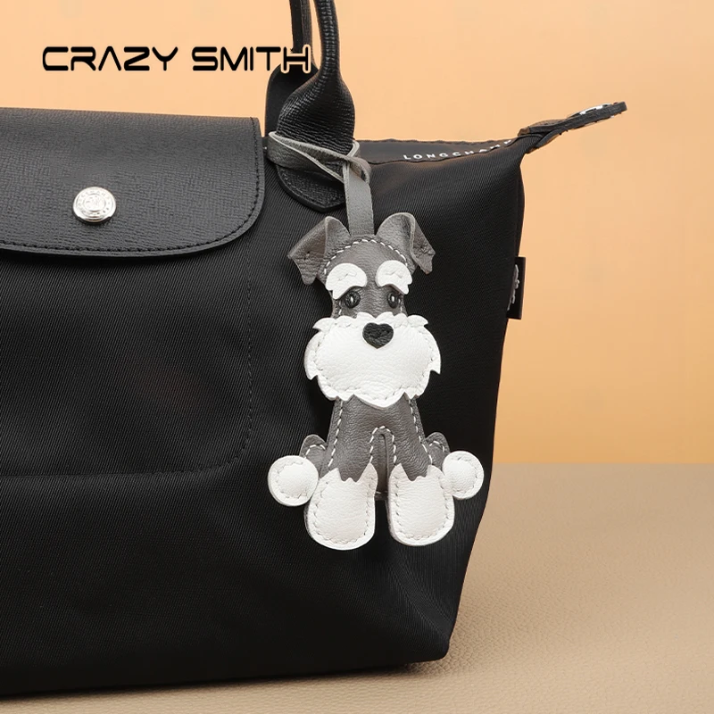 CRAZYSMITH Handmade Genuine Leather Bag Charm Schnauzer Keychain Purse Charms Bag Pendant for Handbags DIY Gift Bag Accessories