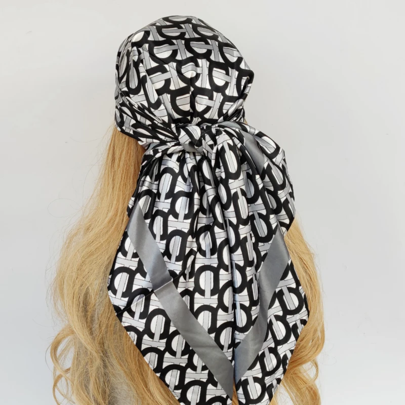 Grand Foulard Hijab en Satin Imprimé pour Femme, Châle Carré de Marque de Luxe, 90x90cm