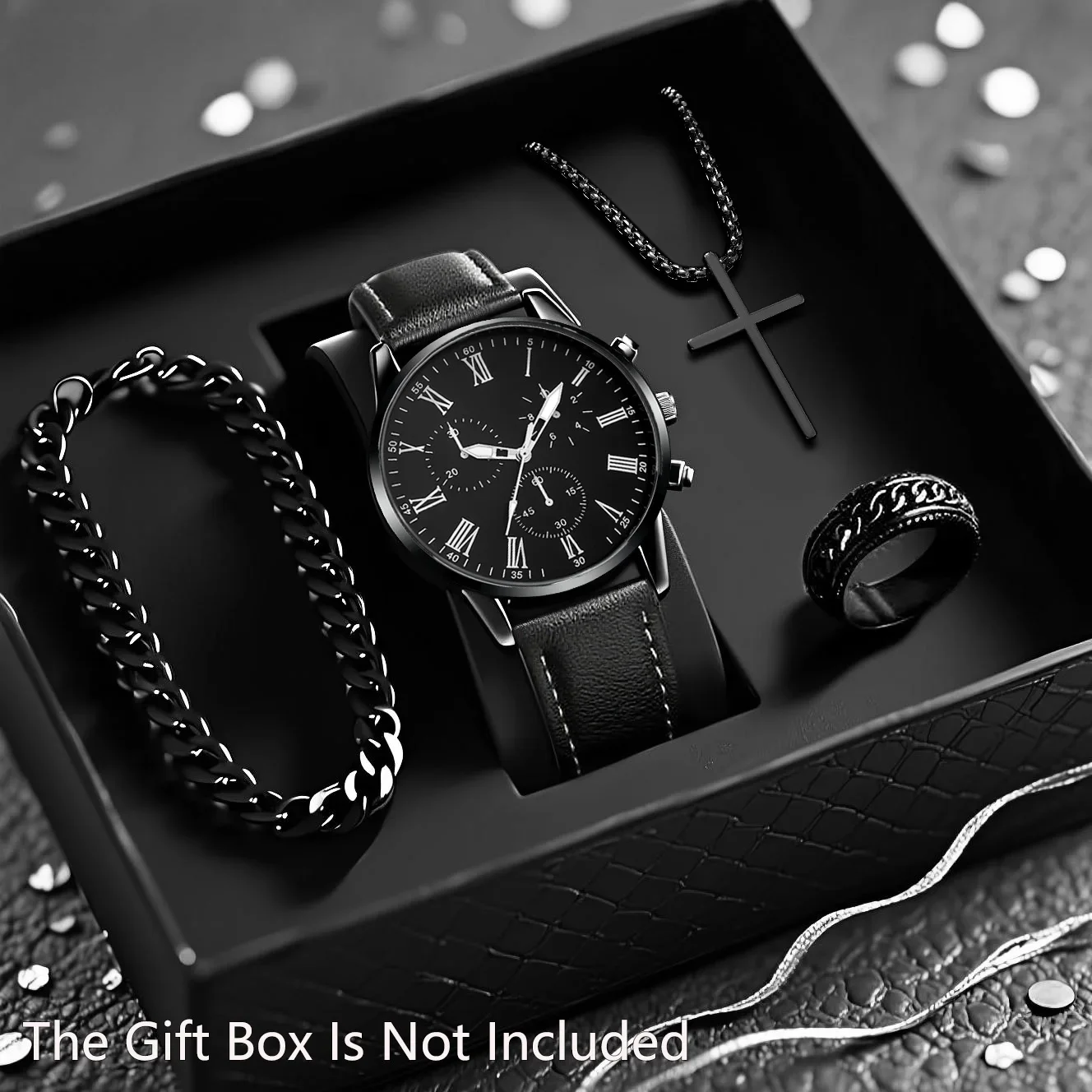 4PCS Men's Business Watch Fashion Leather Strap Simulation Quartz Watch Fashion Necklace Bracelet Ring Set