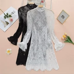 2024 New Women Flare Sleeve Lace Blouse Elegant Lady Mesh Blousas Hollow Out Shirt Bottomings Pullovers Fairy Bottomings WZ2385