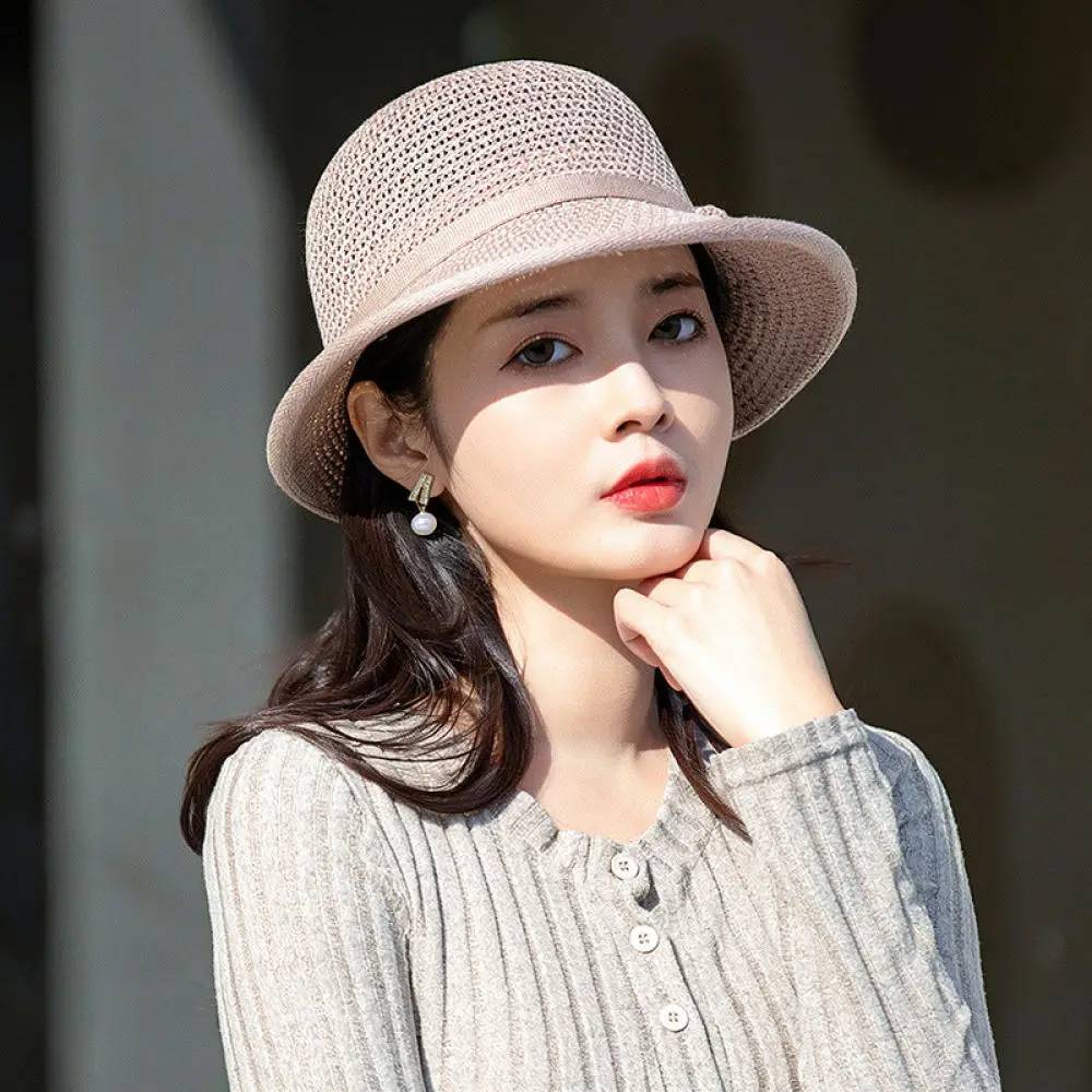 Elegant Summer Bucket Hat Women Straw Cap Wide Brim Breathable Sun Protection Fashionable Casual Beach Hat Adjustable Visor