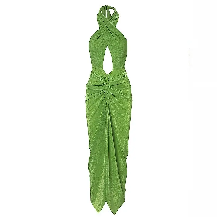 2024 New  green Halter One piece Swimsuit set Shiny Texture Pleated Women Swimwear Beachwear bathingsuit