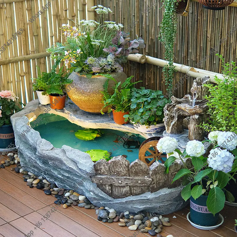 Small courtyard balcony Outdoor courtyard landscaping Finished fish pond Water system Home pastoral style Corner decoration