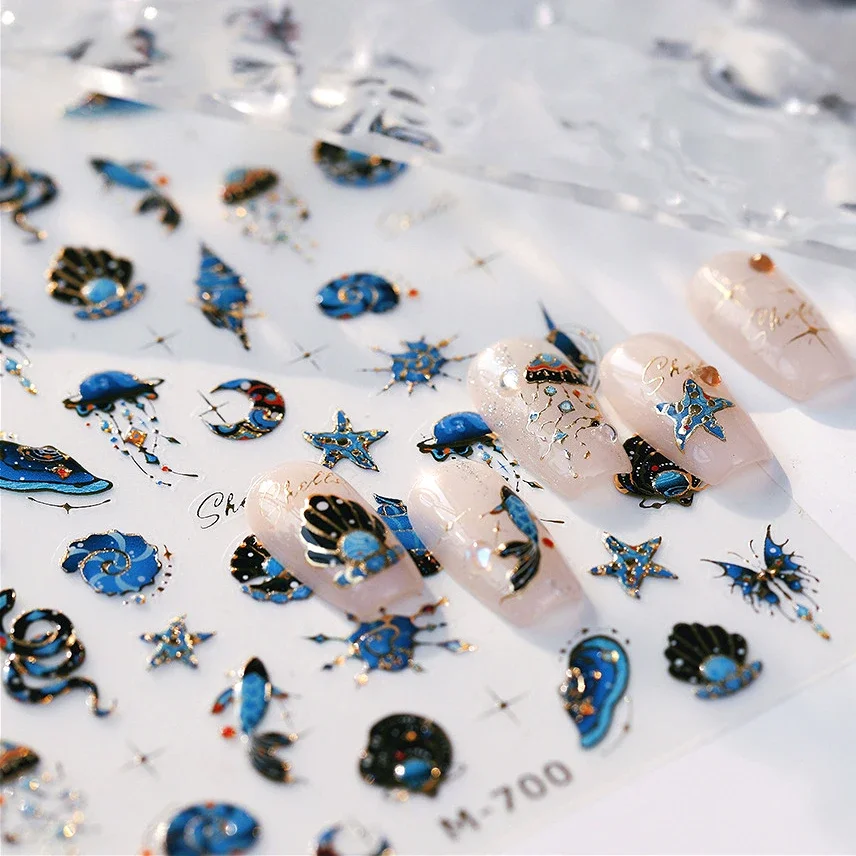 Blue Butterfly Planet Star Conch Snake Shell Clam Pearl Whale Jellyfish Moon Adhesive Nail Art Stickers Dreamy Manicure Decals