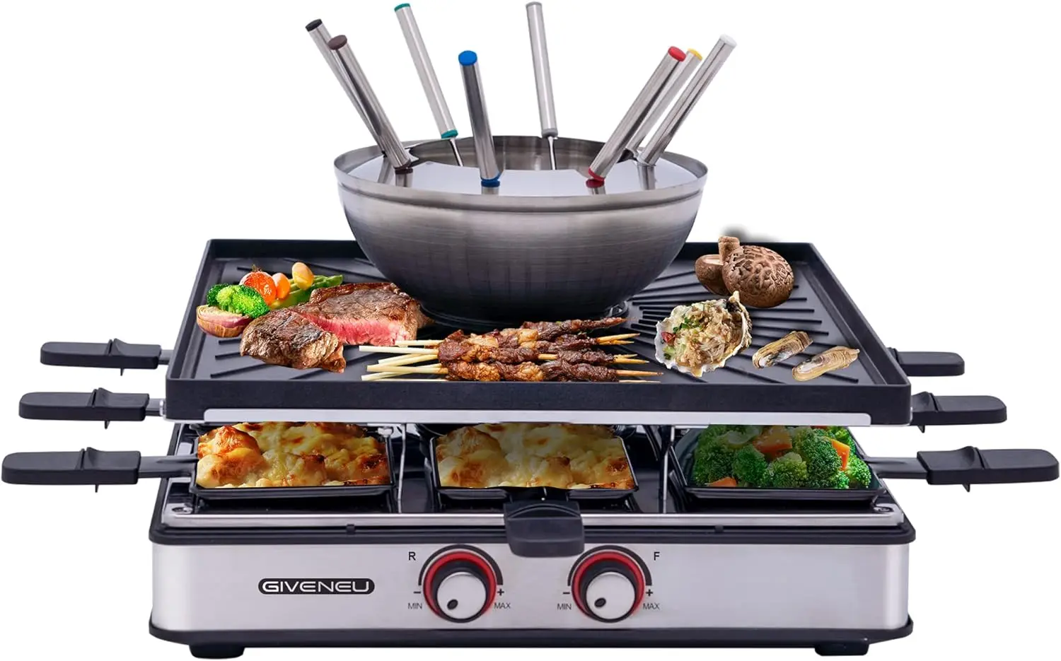 

Electric Fondue Pot Set, 600ML Fondue Pot with Grill Plate, 8 Color-Coded Forks, 8 Non-Stick Pans, Dual Thermostat Fondue