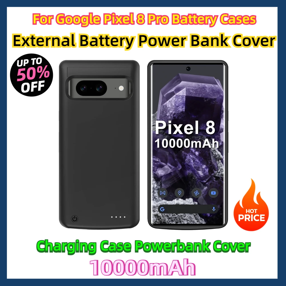 For Google Pixel 8 Battery Cases 10000mAh External Battery Power Bank Cover for Google Pixel 8 Pro Charging Case Powerbank Cover