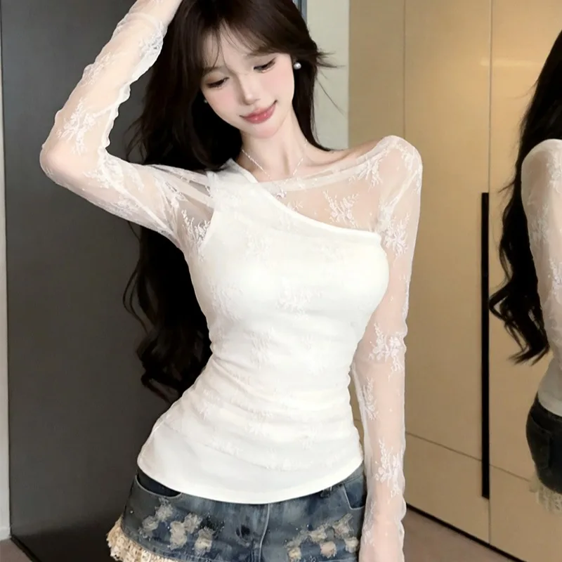 Hot Girl Pure Desire Autumn New Style Side Shoulder Lace Long Sleeve Vest Sunscreen Cover up Irregular Fake Two-Piece T-Shirt...