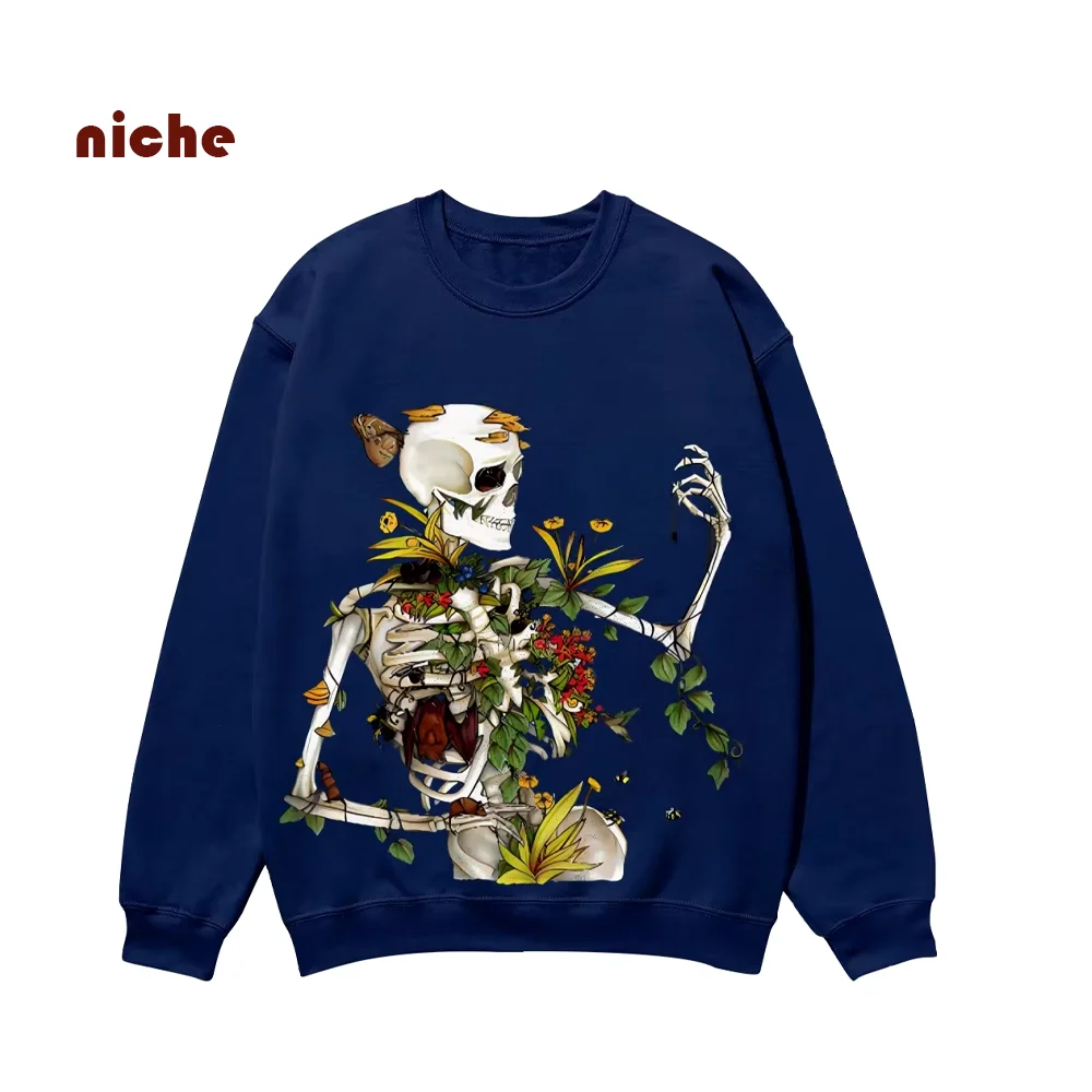 

Neutral Style Sweater Retro Washed Skull Flower Letter Print Crew Neck Shoulder Cotton Autumn And Winter New Sweatshirt