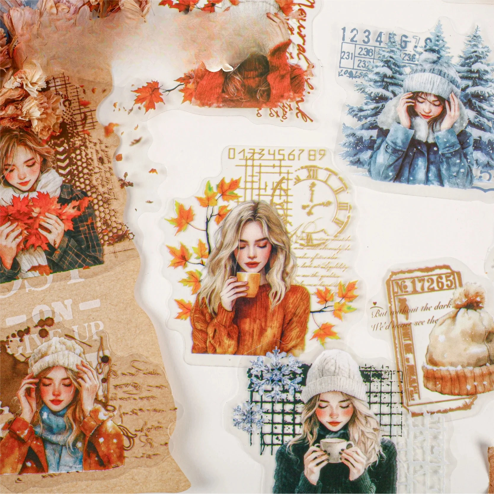 1pack/2pack PET Sticker Series 16 Sheets Adhesive Stickers Character Design Creative Winter Girls Theme Pack Warm Winter