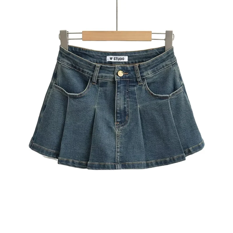 Summer new style preppy style pleated denim mini skirt retro for women clothing high waist slightly stretch denim skirt