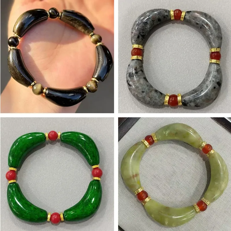New jadeite bracelet with beads, flame stone, Xiuyu crystal, and obsidian curved tube accessories