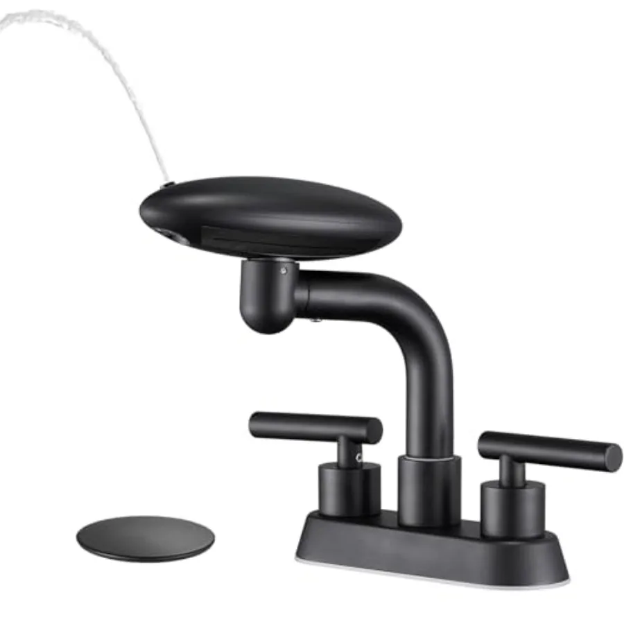 

Bathroom Sink Faucet Modern 3 Hole Bathroom Faucet 2 Handle 4 Inch Centerset with 4 Water Outlet Modes, 360° Swivel Spout and P