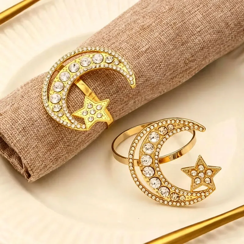 1-24PCS Elegant Metal Moon Star Napkin Rings with Rhinestone for Ramadan Eid Holiday Table Decor and Special Occasions