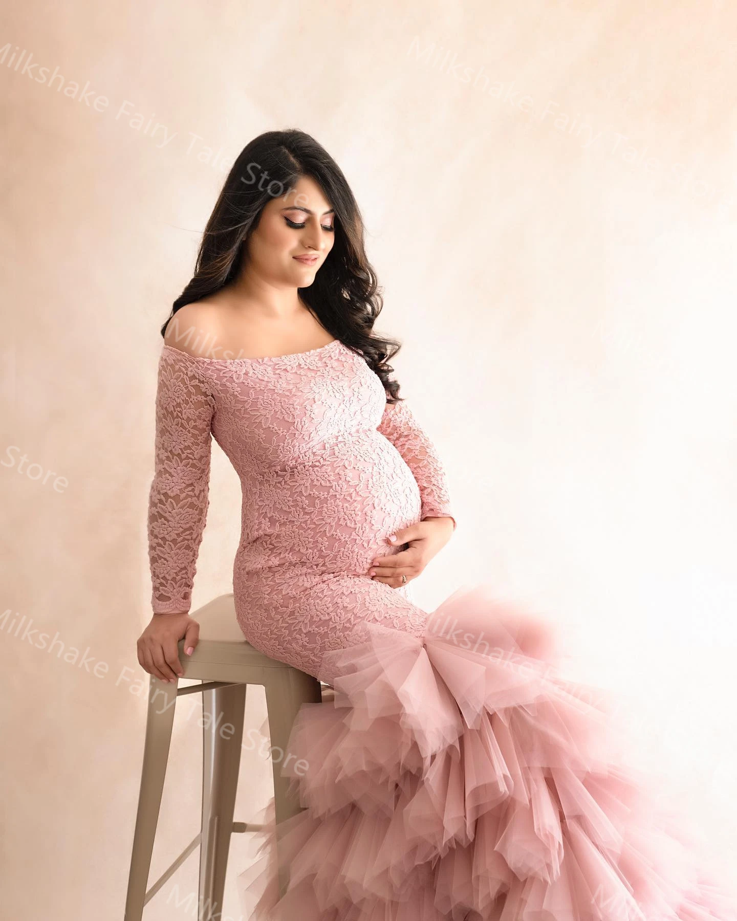 Pink Mermaid Maternity Robes for Photography Lace Tiered Ruffles Pregnant Women Dresses Sexy Customized Baby Shower Gowns