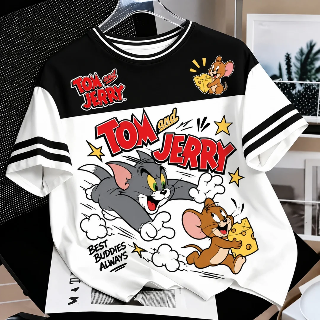 Tom & Jerry Grafik-T-Shirt für Herren und Damen, Vintage-Cartoon-Print, gestreifte Ärmel, Farbblock-Design, kurzärmelig, Alltags-T-Shirt, Kinder-T-Shirt – Detail 5